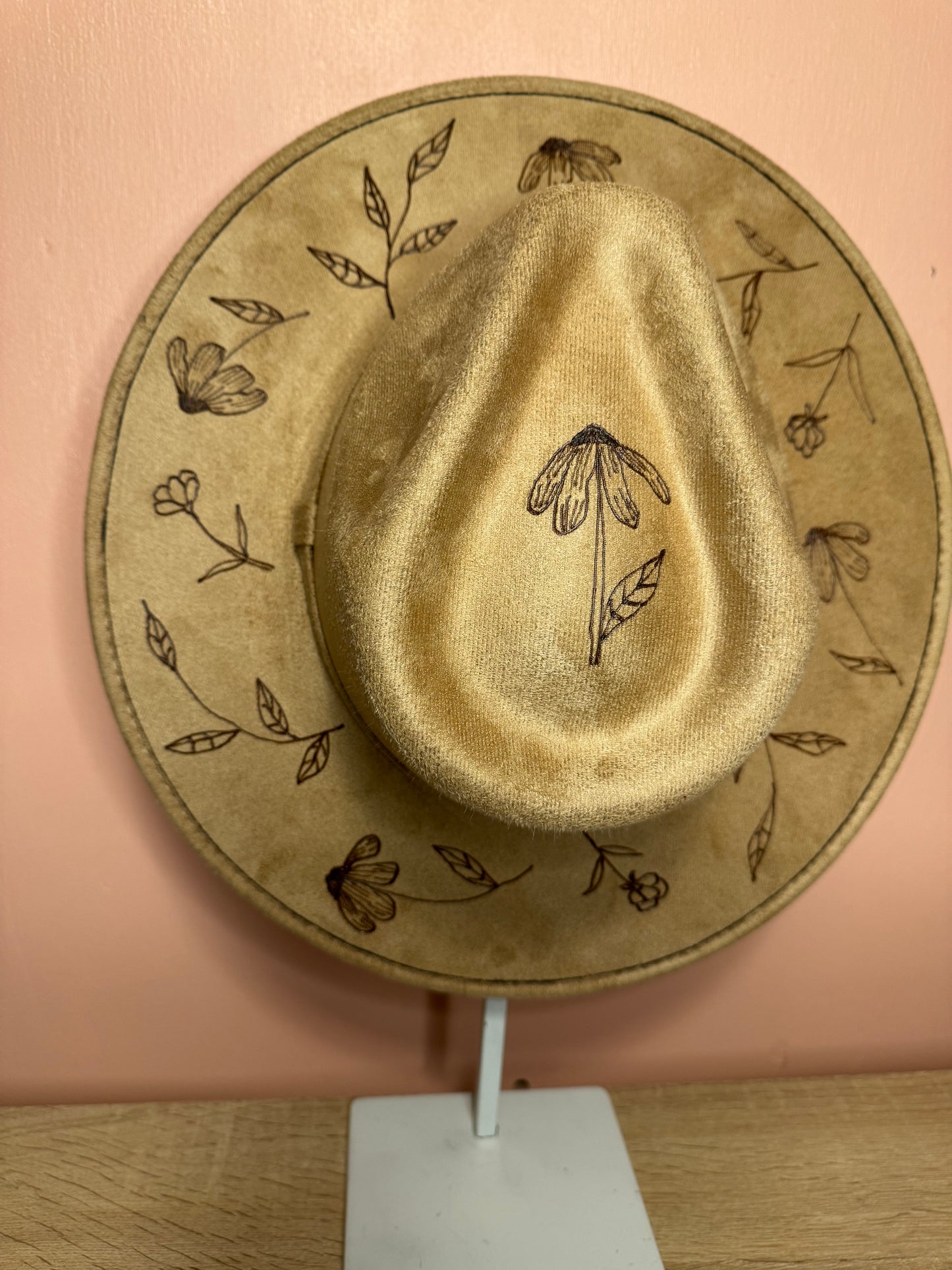 Hand Burned Faux Suede hat: Tan, Large-Dainty flowers