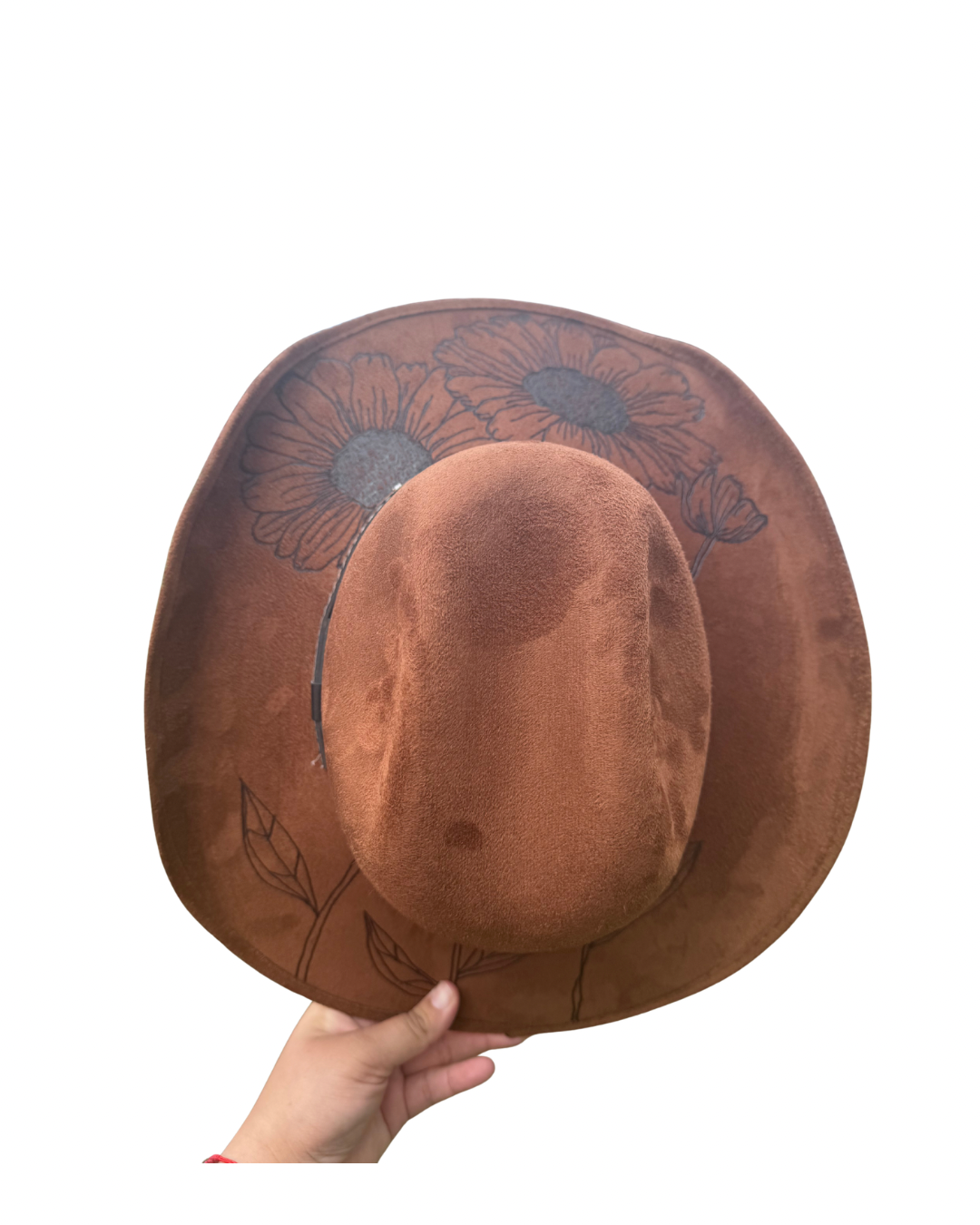 Hand Burned Faux Suede Texana cowboy hat: caramel, Large