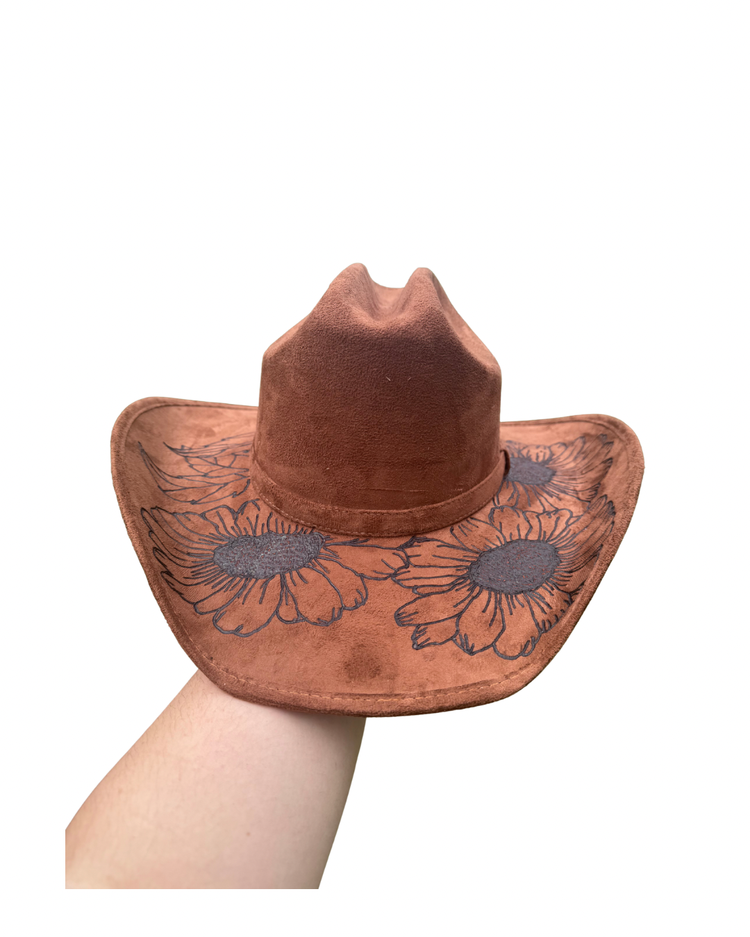 Hand Burned Faux Suede Texana cowboy hat: caramel, Medium