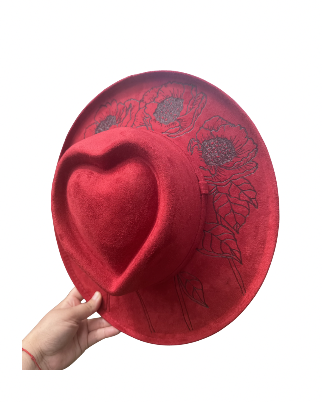 Hand Burned Faux Suede hat: Red, Medium