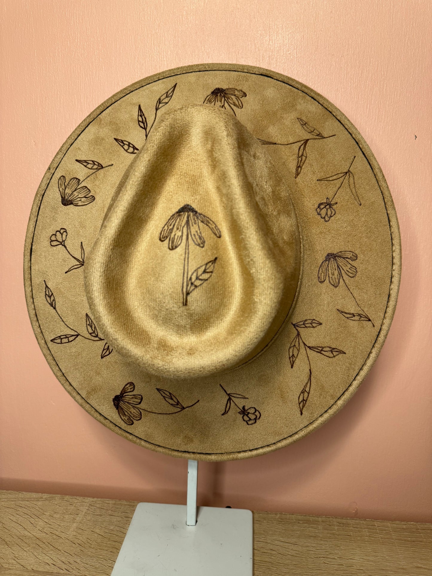 Hand Burned Faux Suede hat: Tan, Large-Dainty flowers