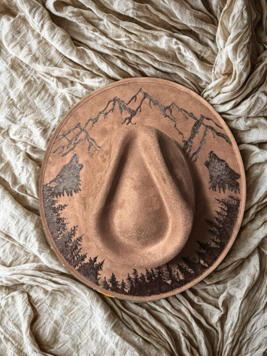 Hand Burned Faux Suede hat: Brown, Large-mountains