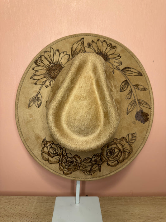 Hand Burned Faux Suede hat: Tan, Large-Sunflowers & Roses