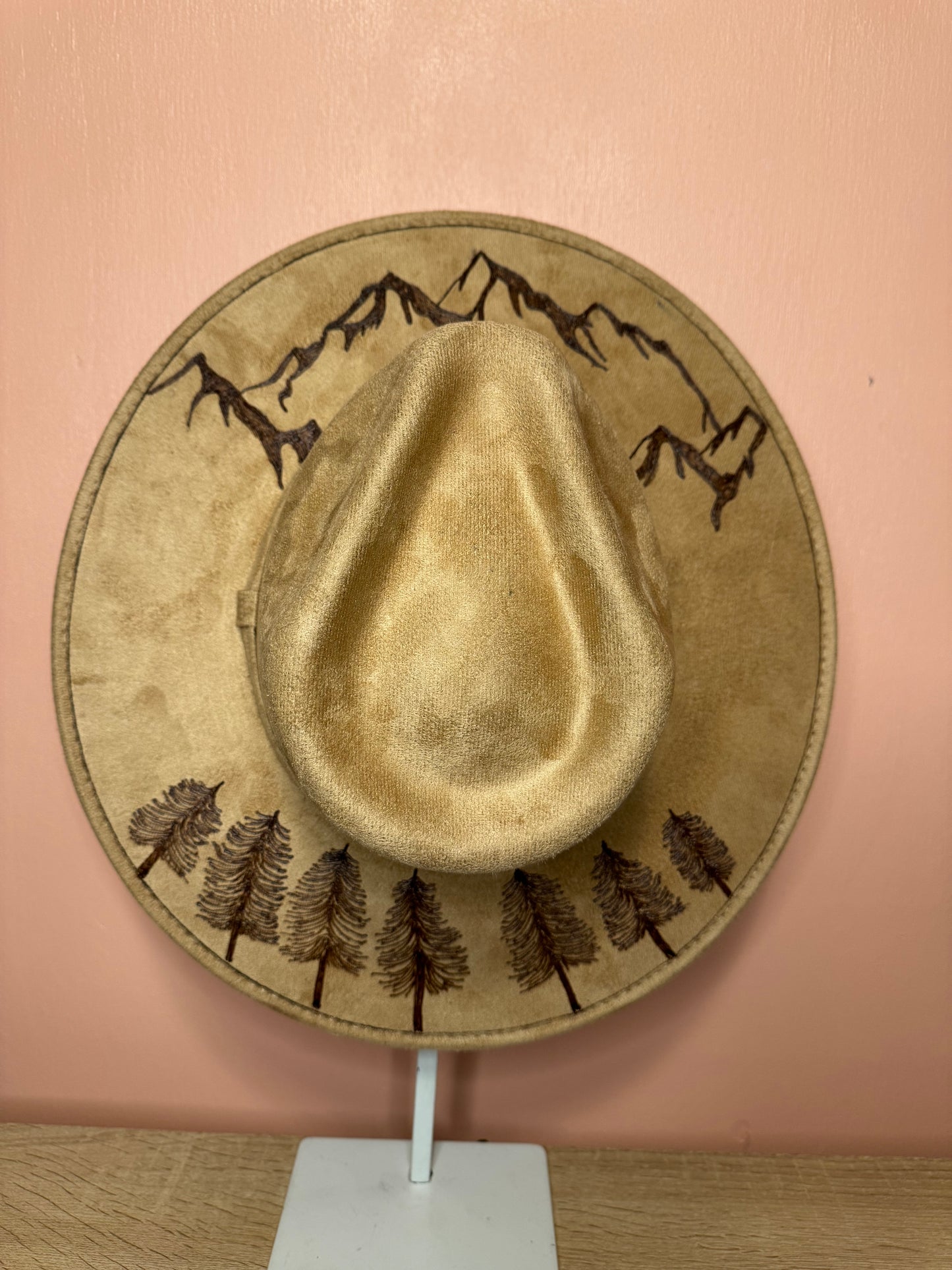 Hand Burned Faux Suede hat: Tan, Large-Mountains