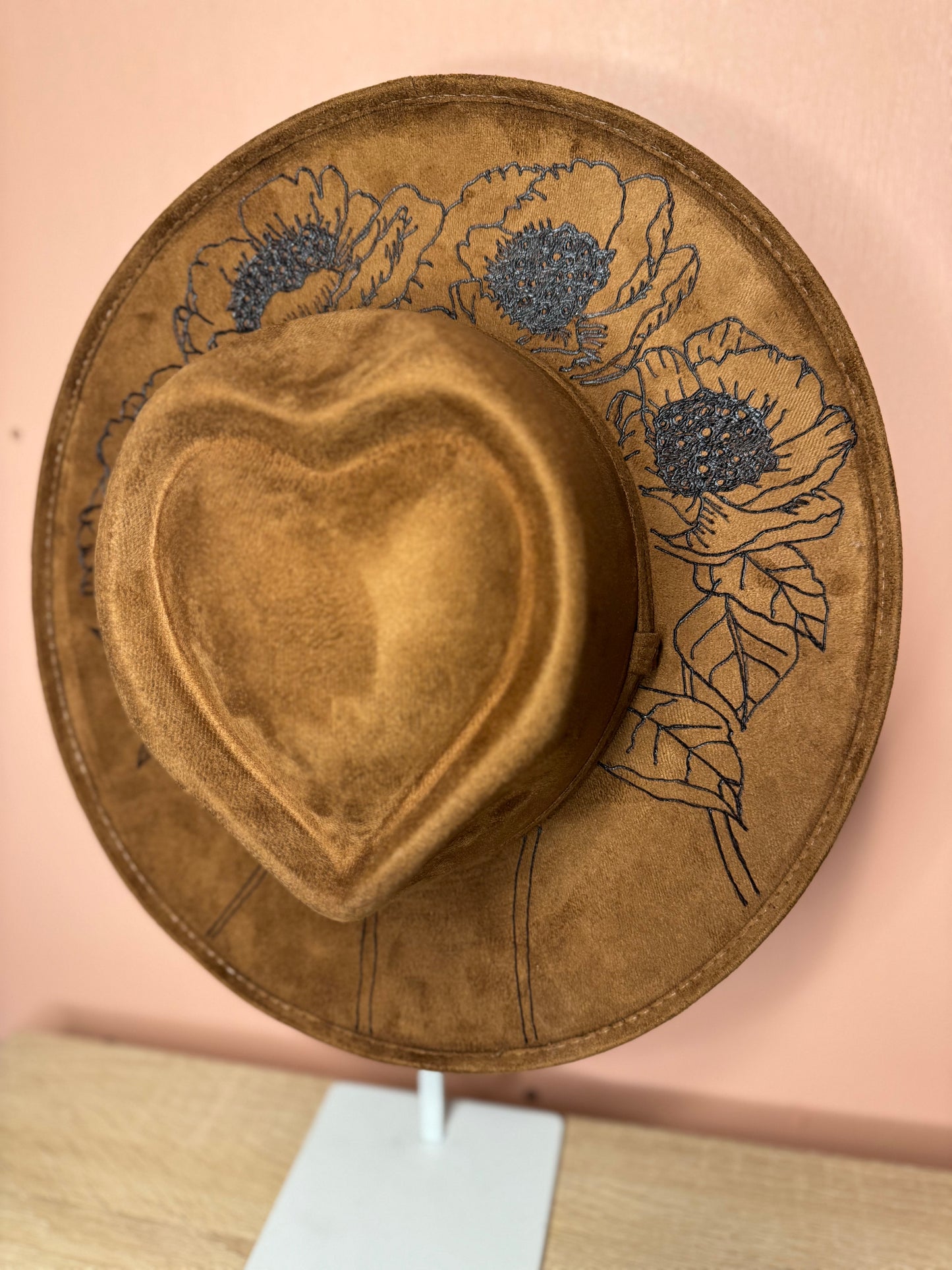 Hand Burned Faux Suede hat: Tobacco, Medium