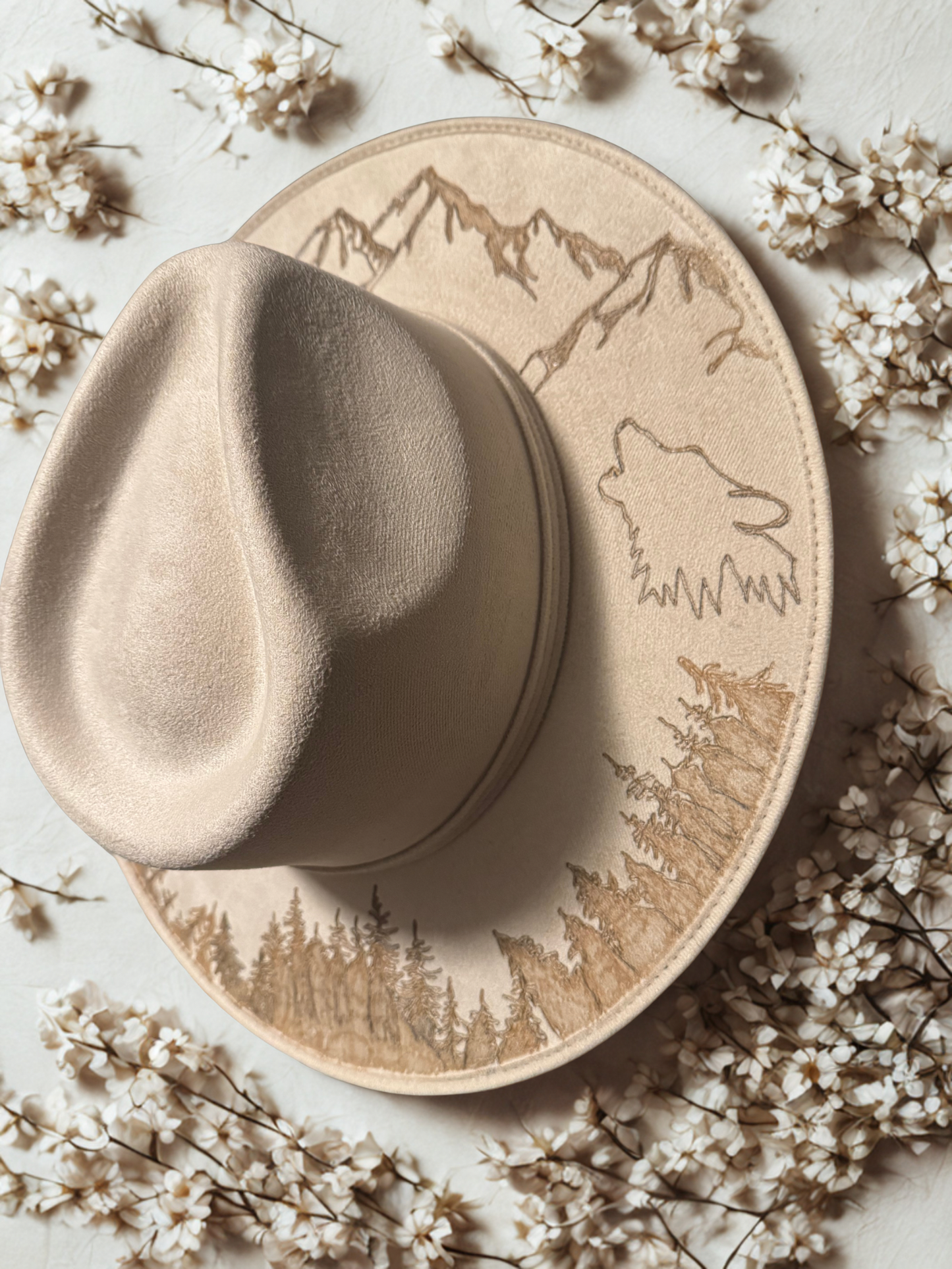 Hand Burned Faux Suede hat: ivory, Large-mountains 2