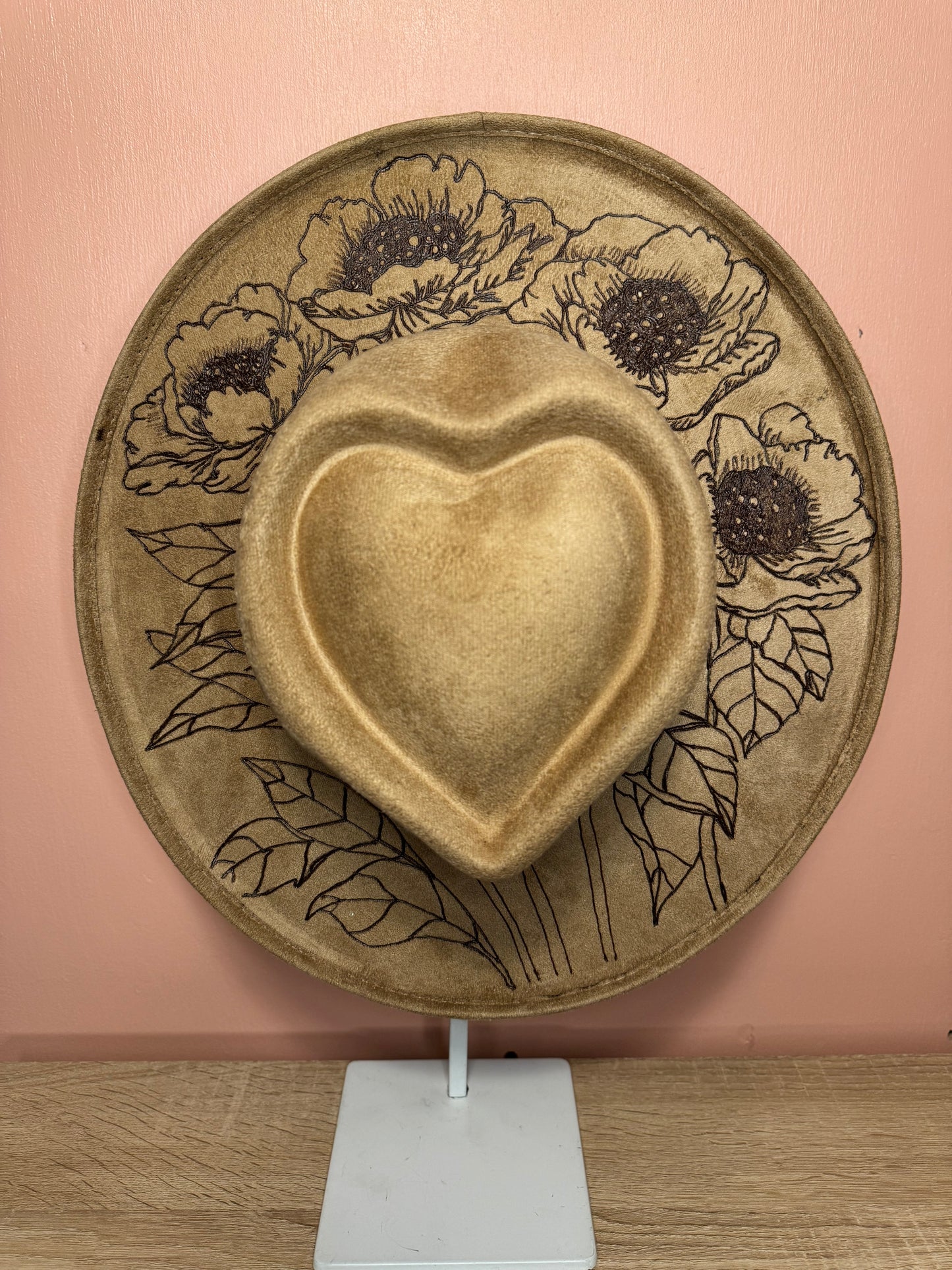 Hand Burned Faux Suede hat: Tan, Medium