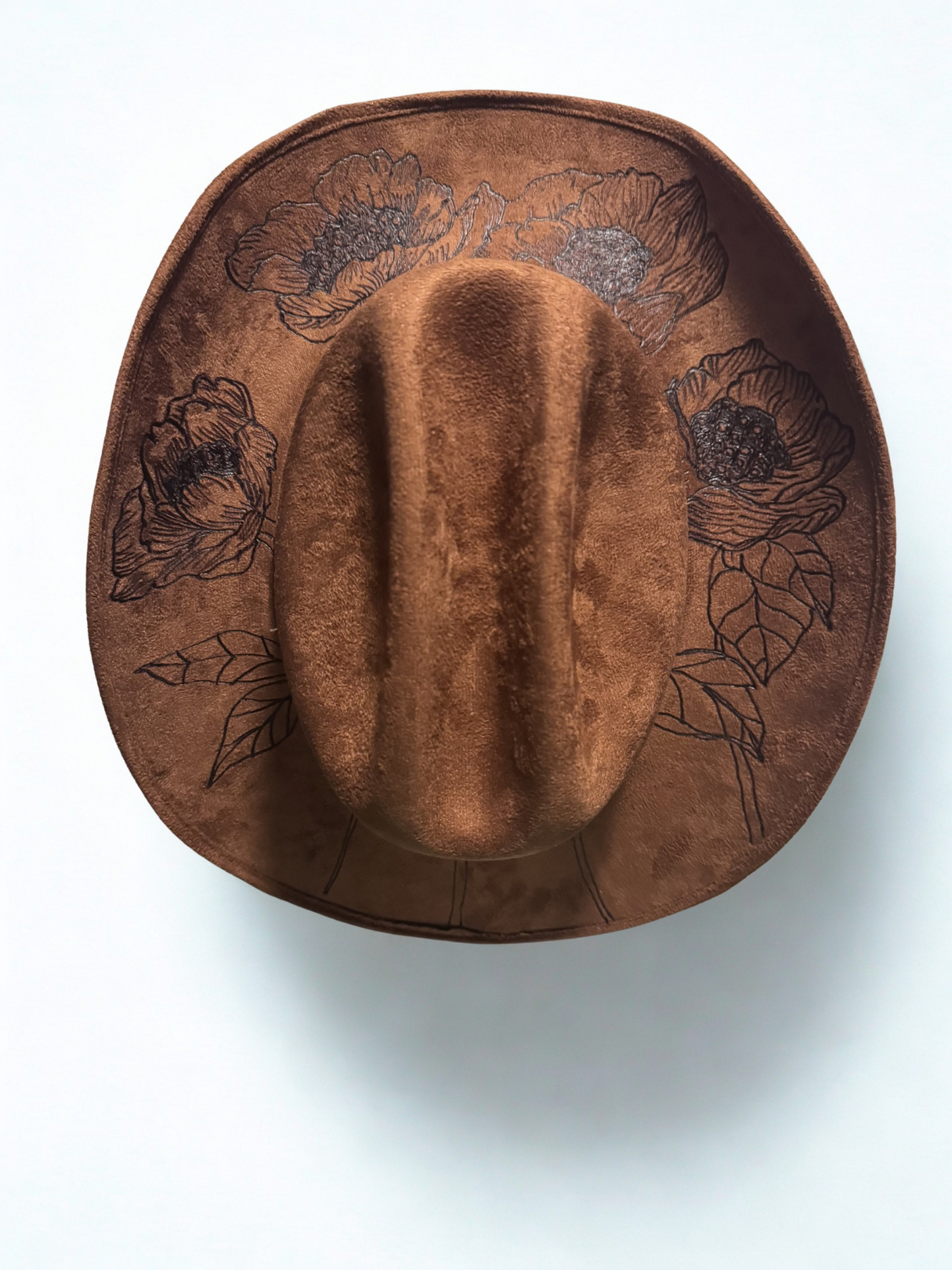 Hand Burned Faux Suede Texana cowboy hat: caramel, Large