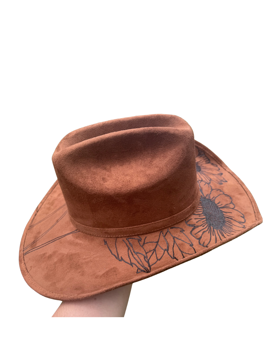 Hand Burned Faux Suede Texana cowboy hat: caramel, Medium