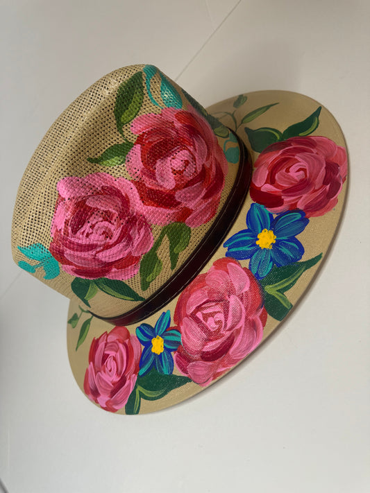 Hand-painted straw hat: Tan, Large