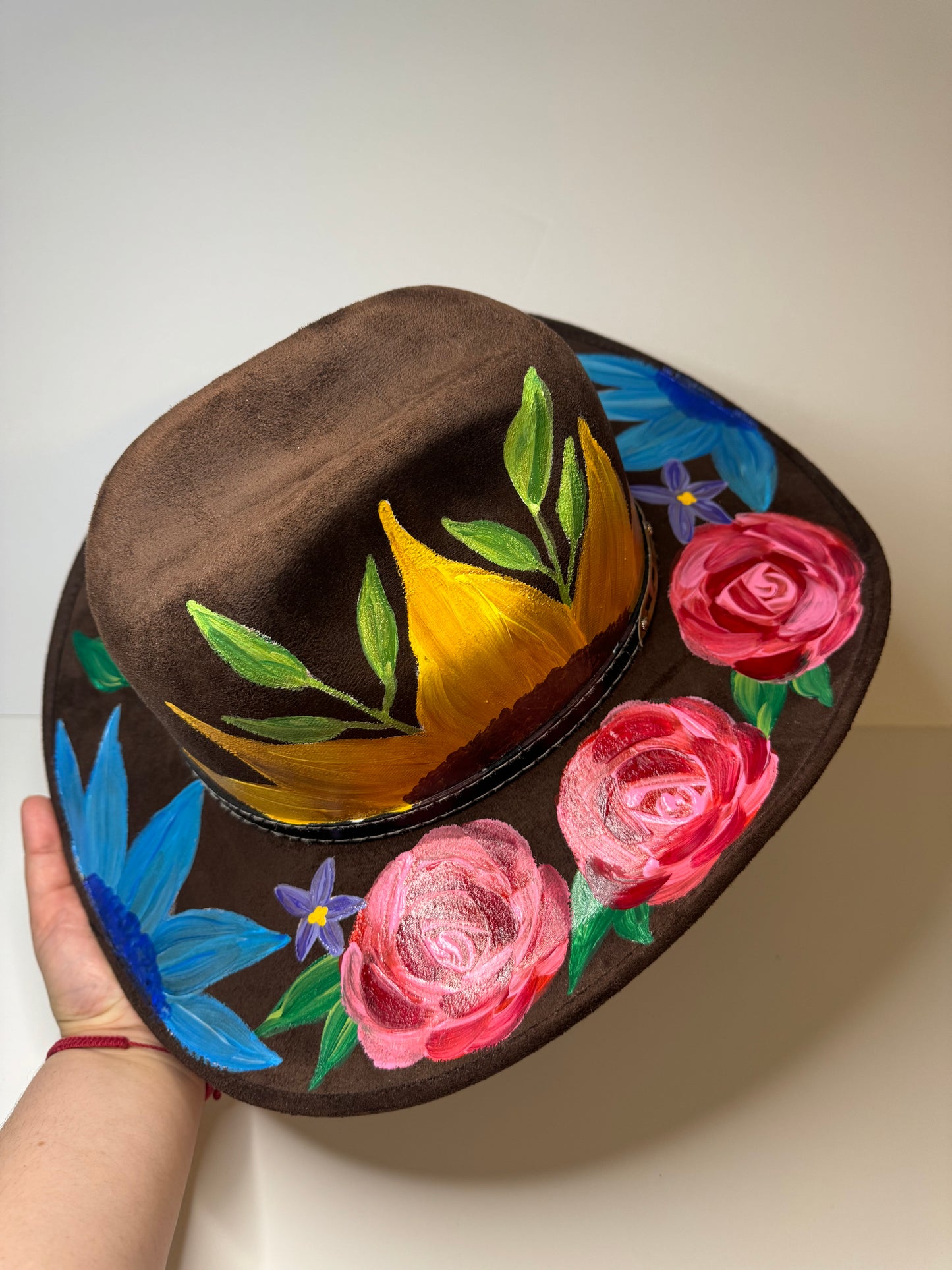 Hand-painted Faux Suede Cowboy hat: Chocolate, Large