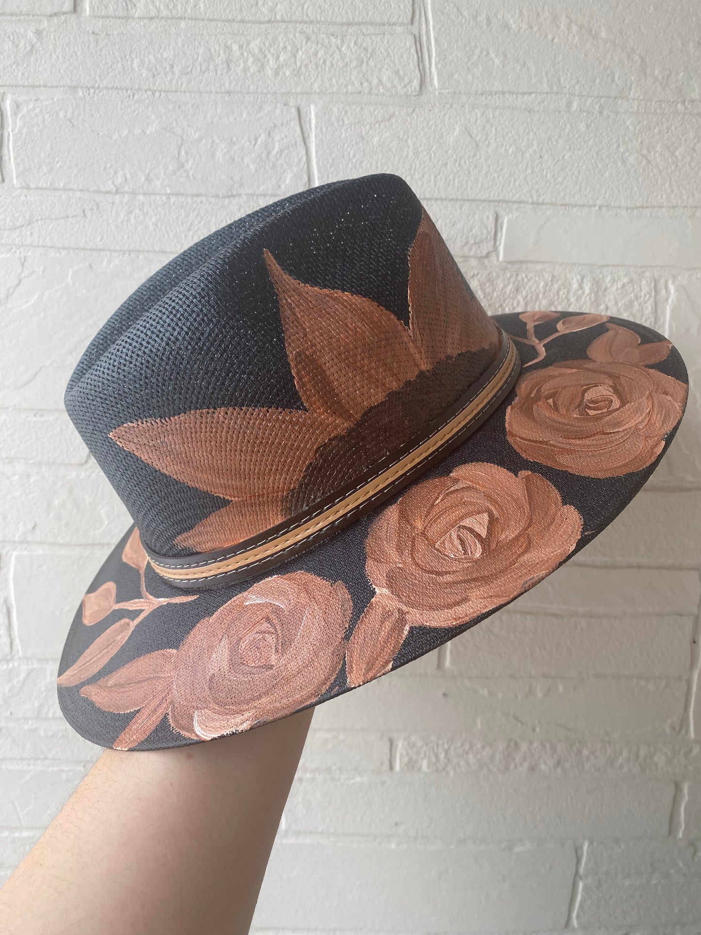 Hand-painted straw hat: Black w Brown Flowers, X-Large