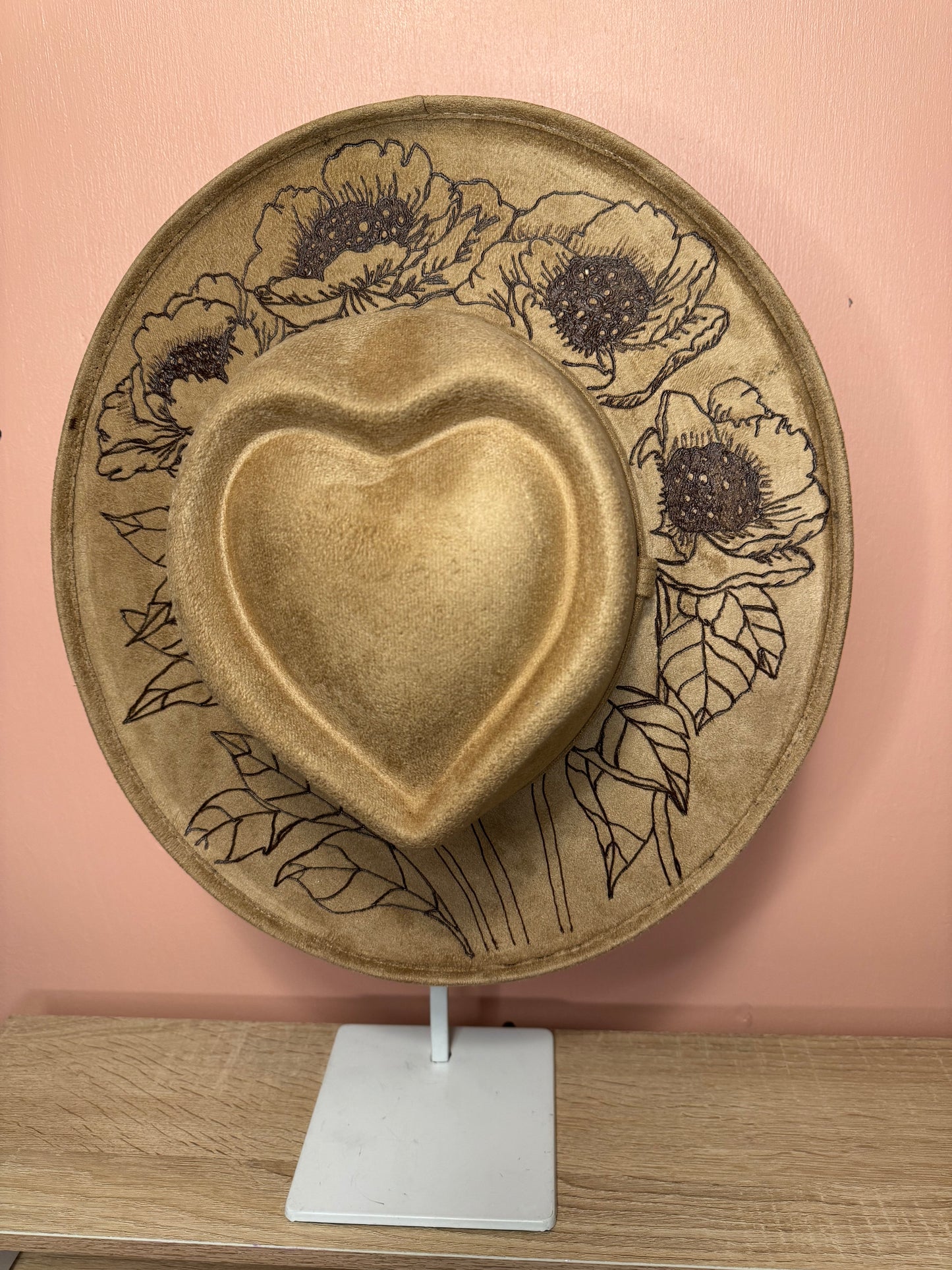 Hand Burned Faux Suede hat: Tan, Medium