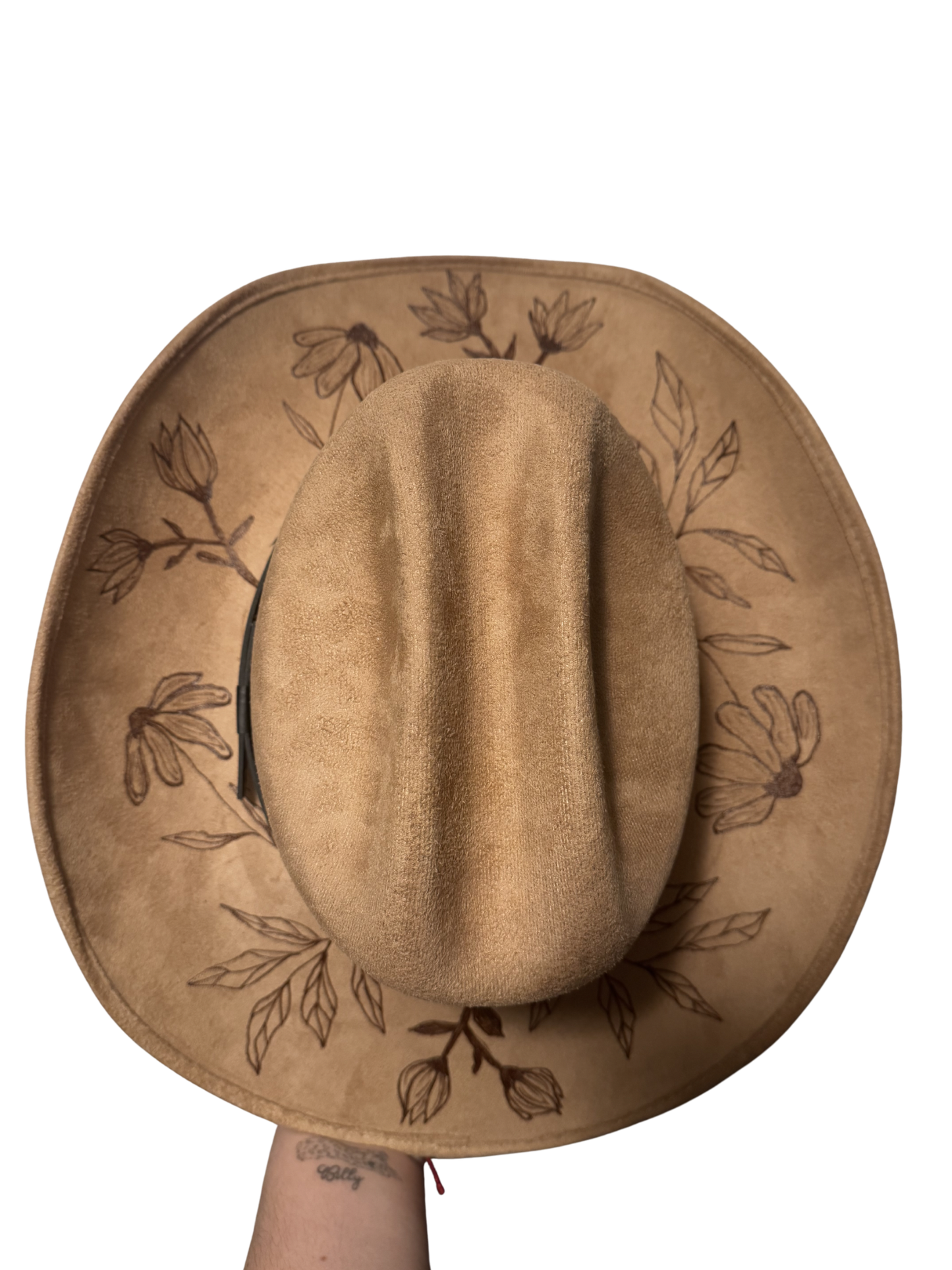 Hand Burned Faux Suede Texana cowboy hat: Cappuccino, Large