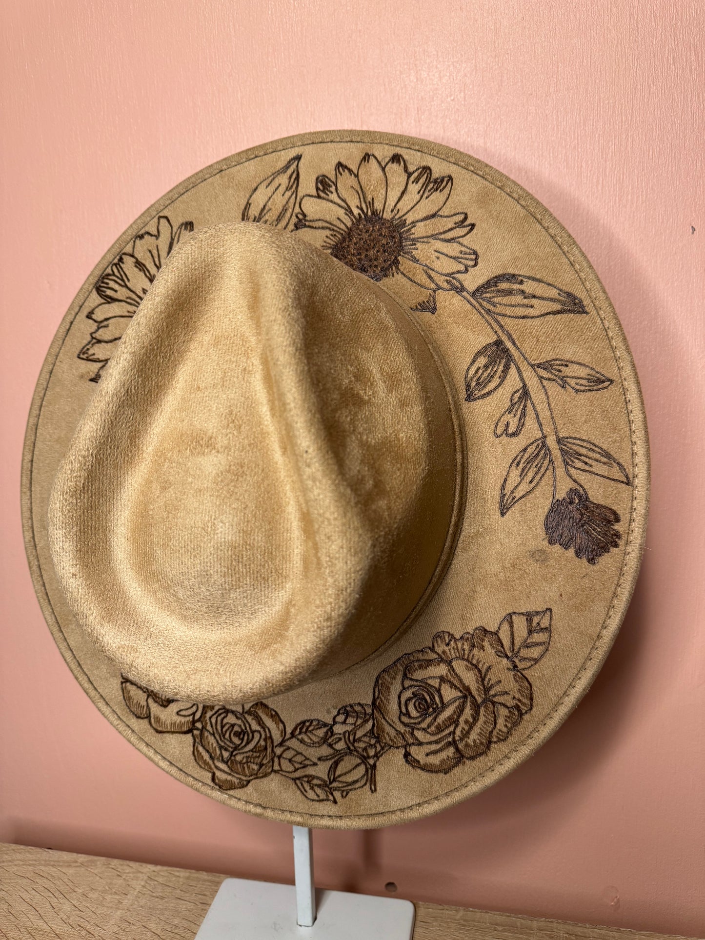 Hand Burned Faux Suede hat: Tan, Large-Sunflowers & Roses