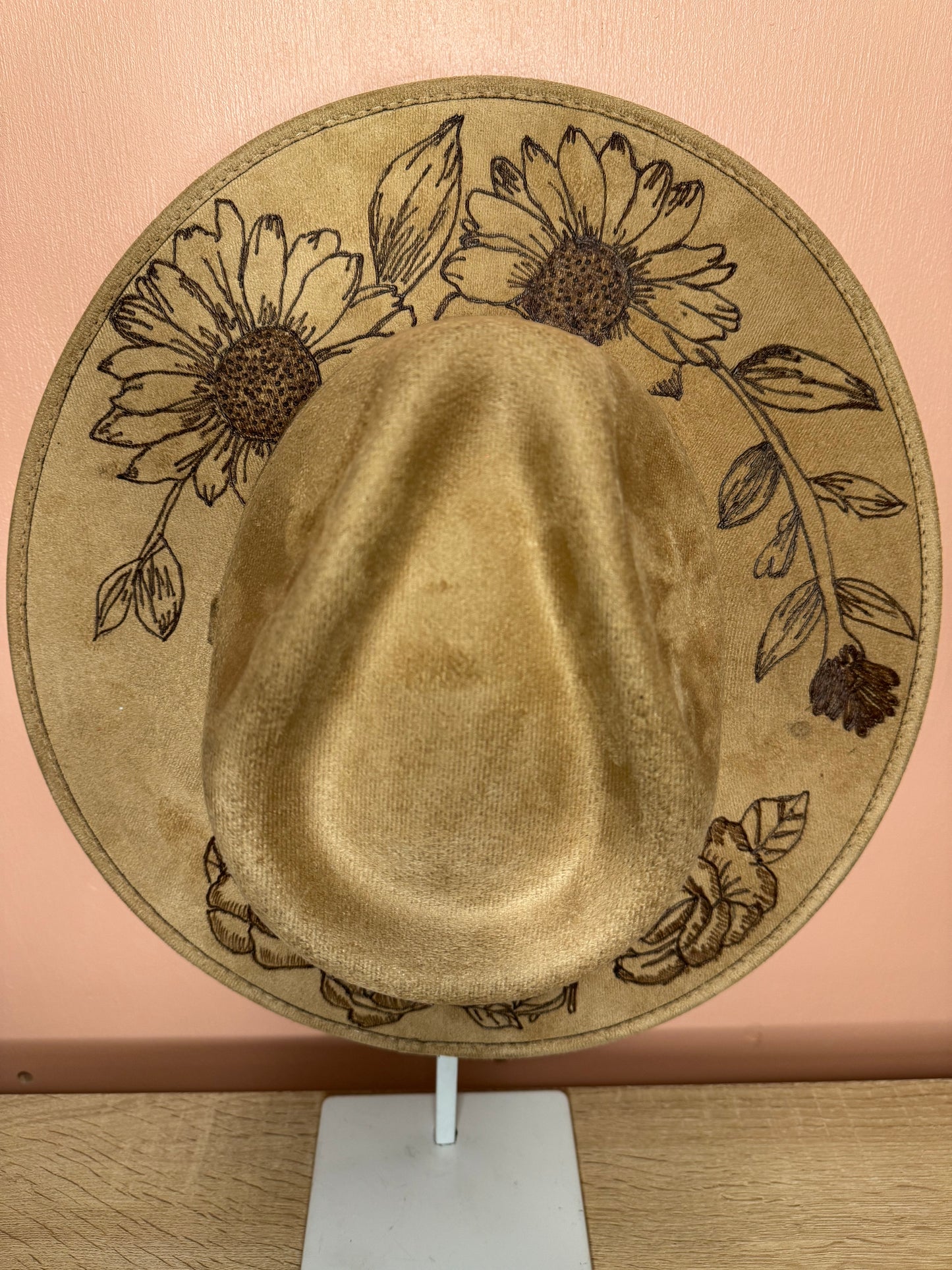 Hand Burned Faux Suede hat: Tan, Large-Sunflowers & Roses