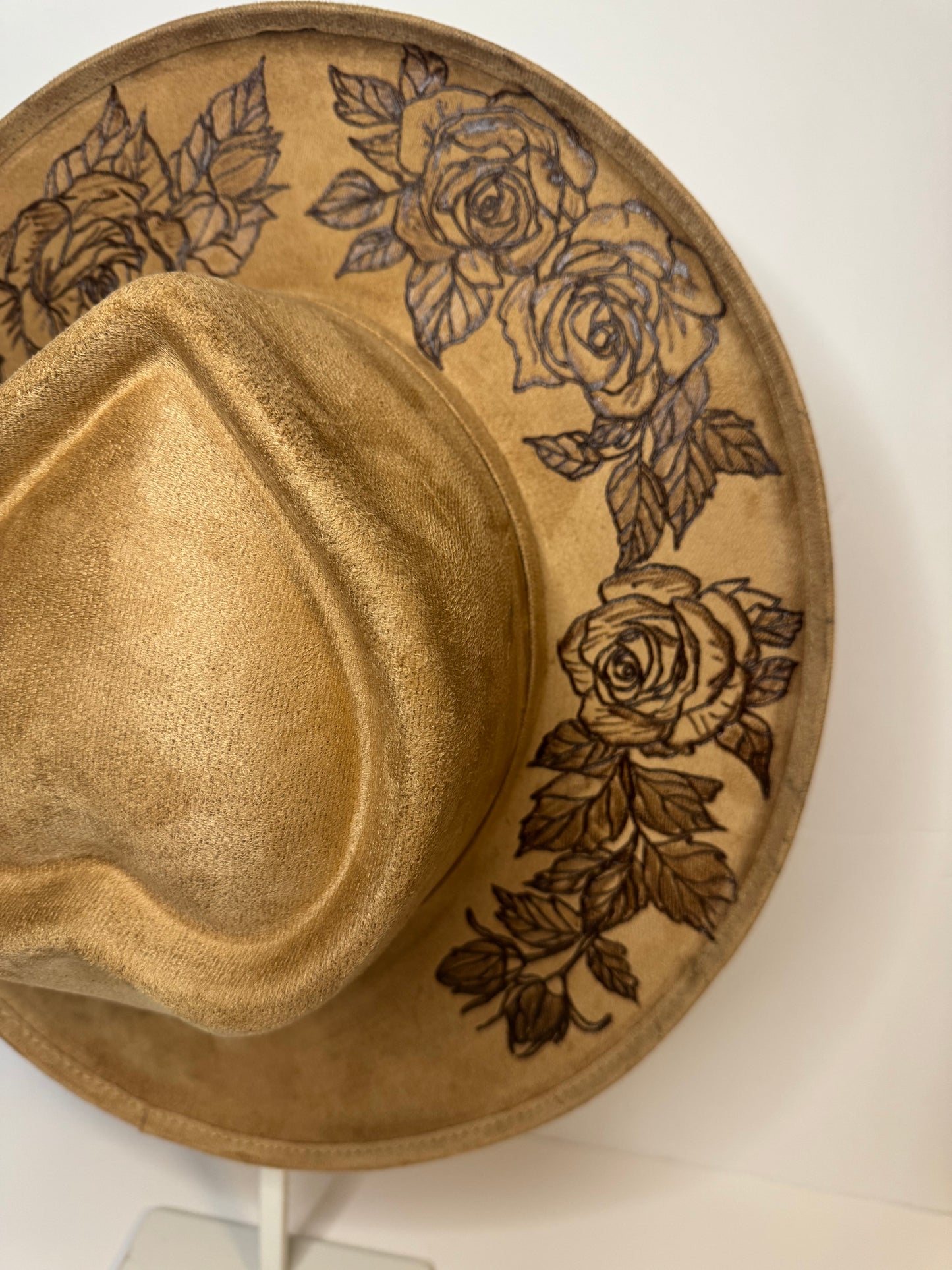 Hand Burned Faux Suede hat: Camel, Medium