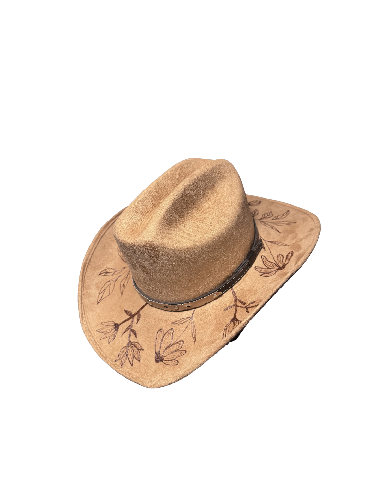 Hand Burned Faux Suede Texana cowboy hat: Cappuccino, Large
