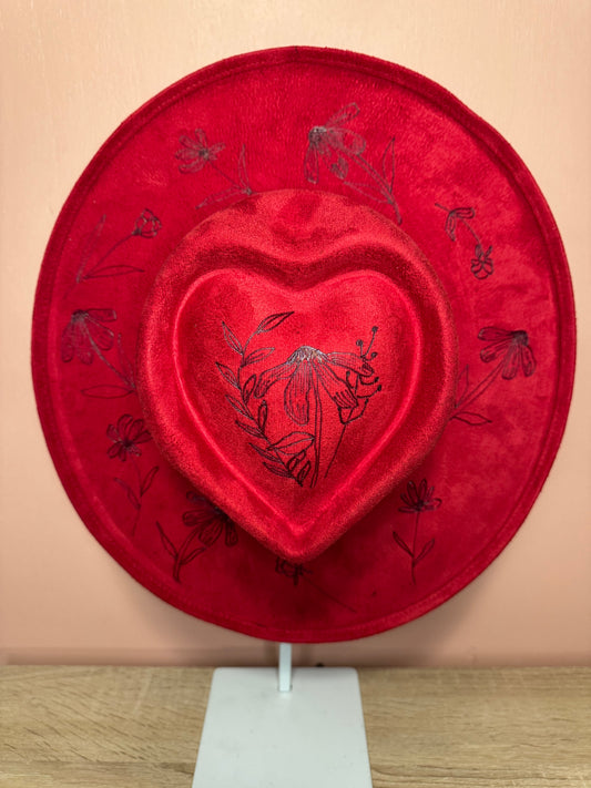 Hand Burned Faux Suede hat: Red, Medium-Dainty Flowers