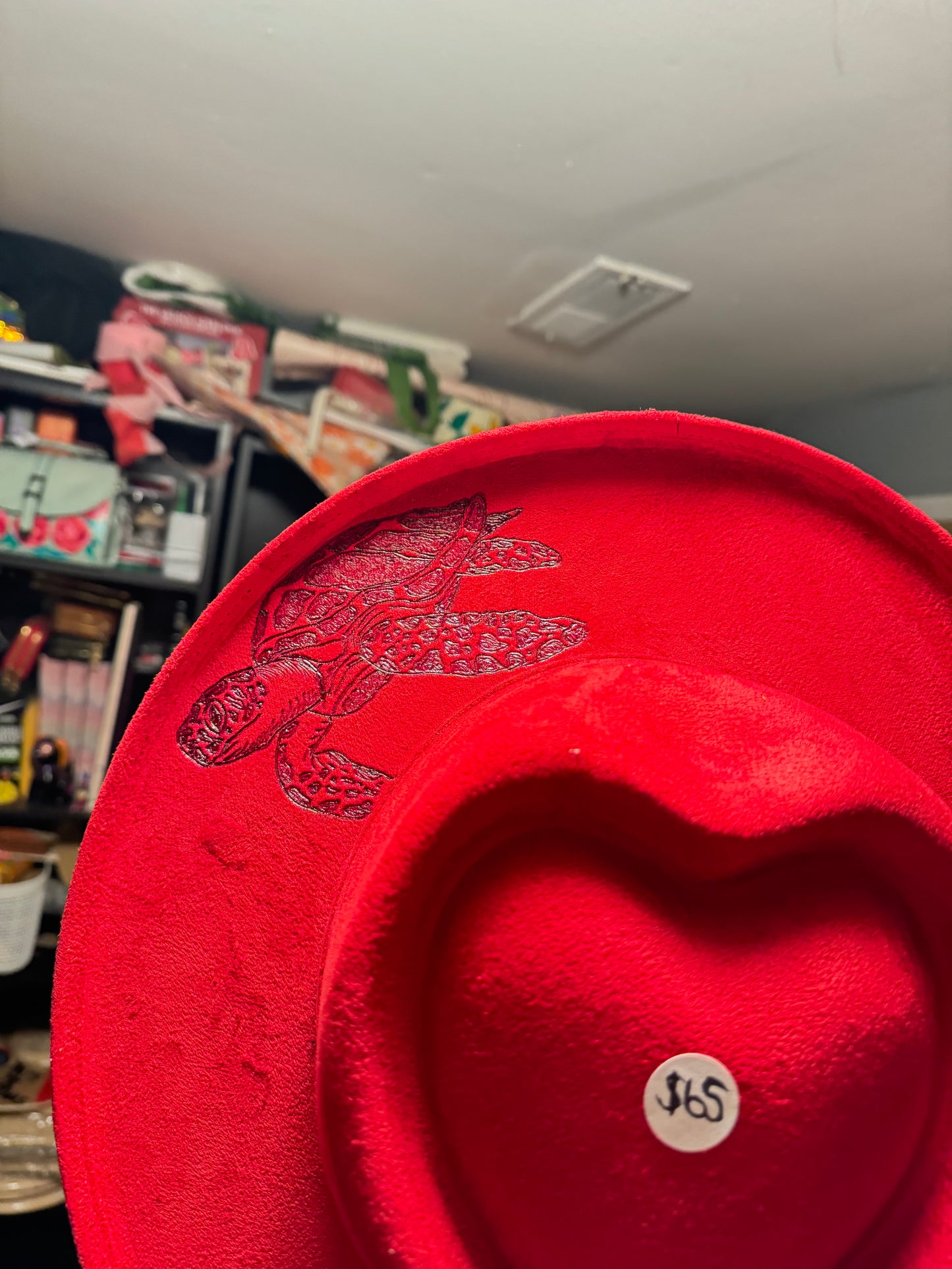 Hand Burned Faux Suede hat: Red, Medium