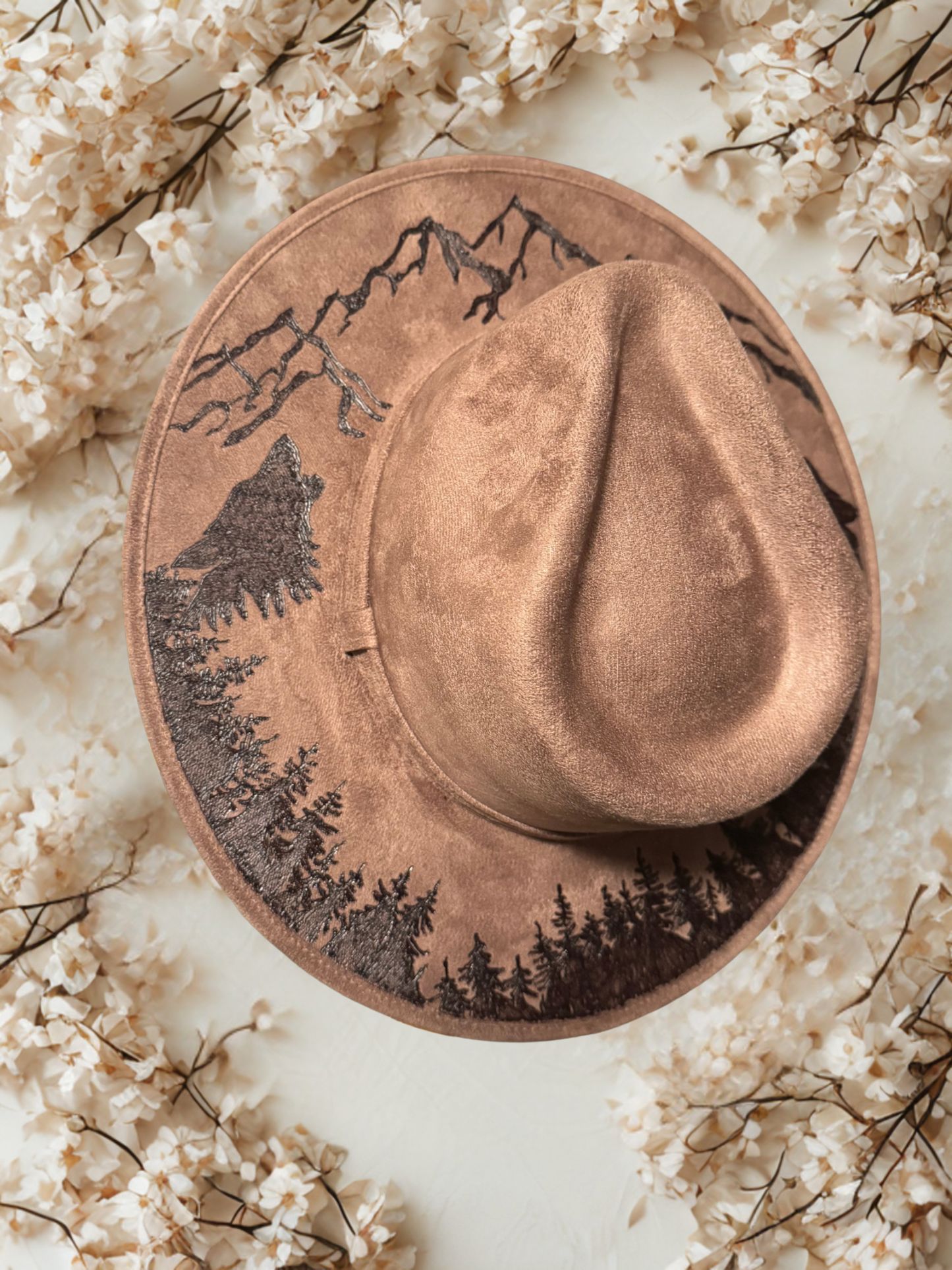 Hand Burned Faux Suede hat: Brown, Large-mountains